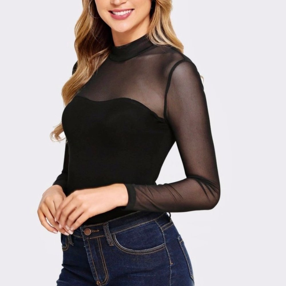 Mock Neck Mesh Fitted Bodysuit
